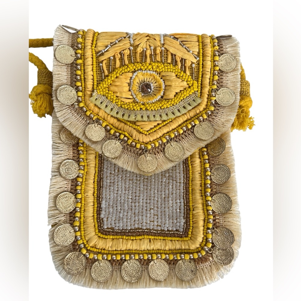 ANTIK KRAFT handmade Evil Eye bohemian mobile Xbdy yellow pouch with coin.NWT